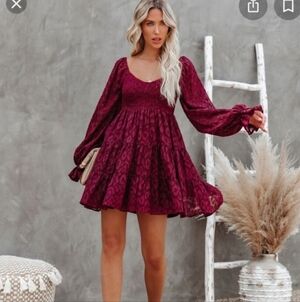 Vici Burgundy Leopard Textured Long Sleeve Babydoll Dress Small